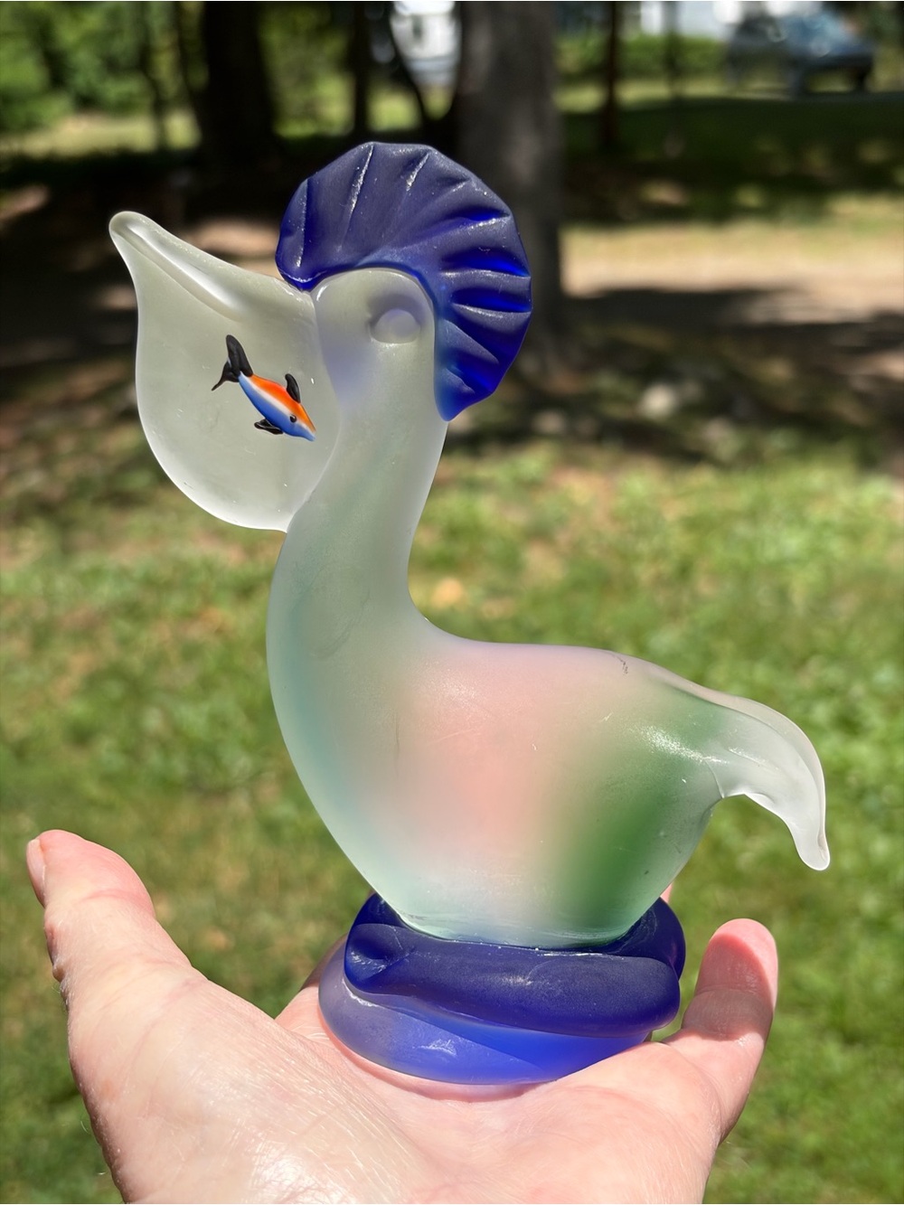 Vintage Venetian Crafted Murano Glass Pelican w Fish in Mouth 8" Deep Cobalt